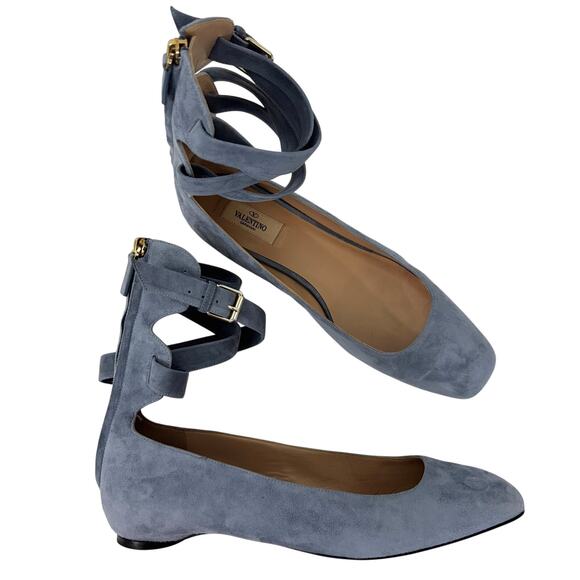 Valentino Garavani Suede Ballet Flats Tango Ankle Wrap in Light Blue IT 41 - Picture 1 of 12